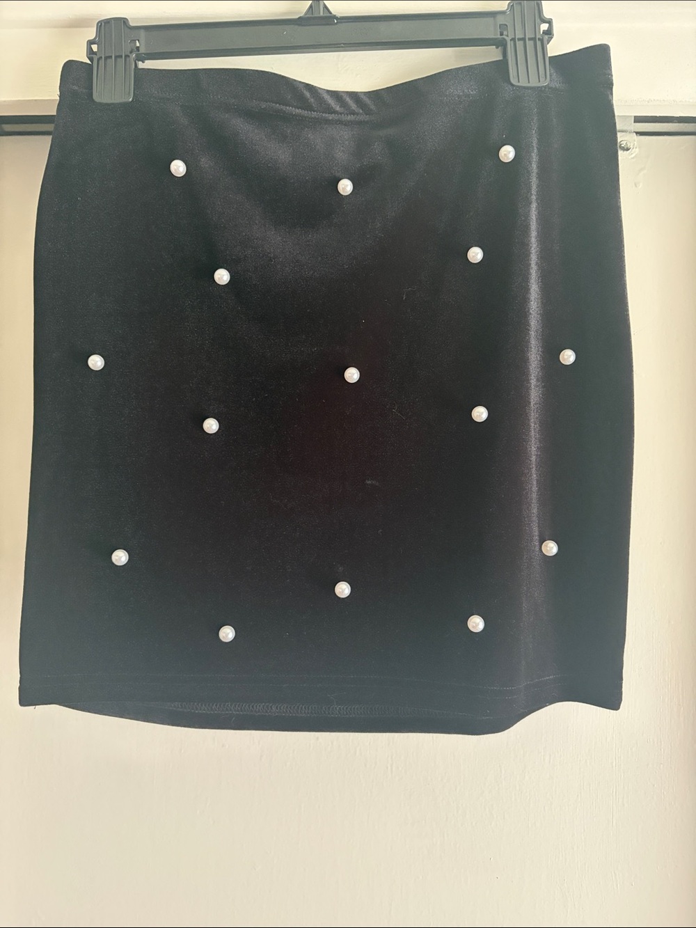 Black Velvet Pearl-Embellished Mini Skirt